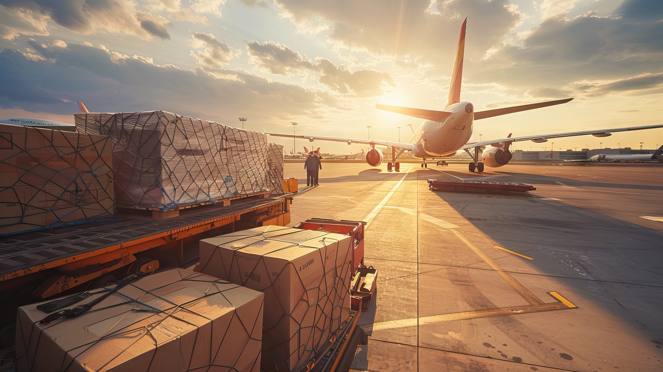 Airplane with cargo boxes and loading crew at airport, wide plane in the sunlight. The success of air transport, flight travel, and shipping. AI generated illustration